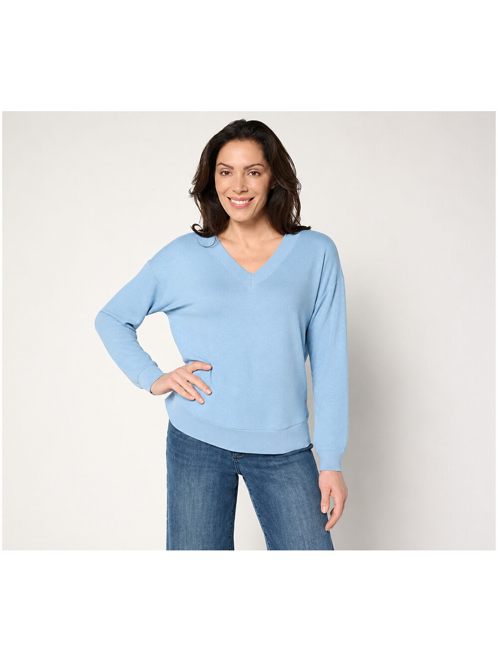 Peace Love World Comfy V-Neck Top Embroidered Affirmation Marina Blue, X-Large